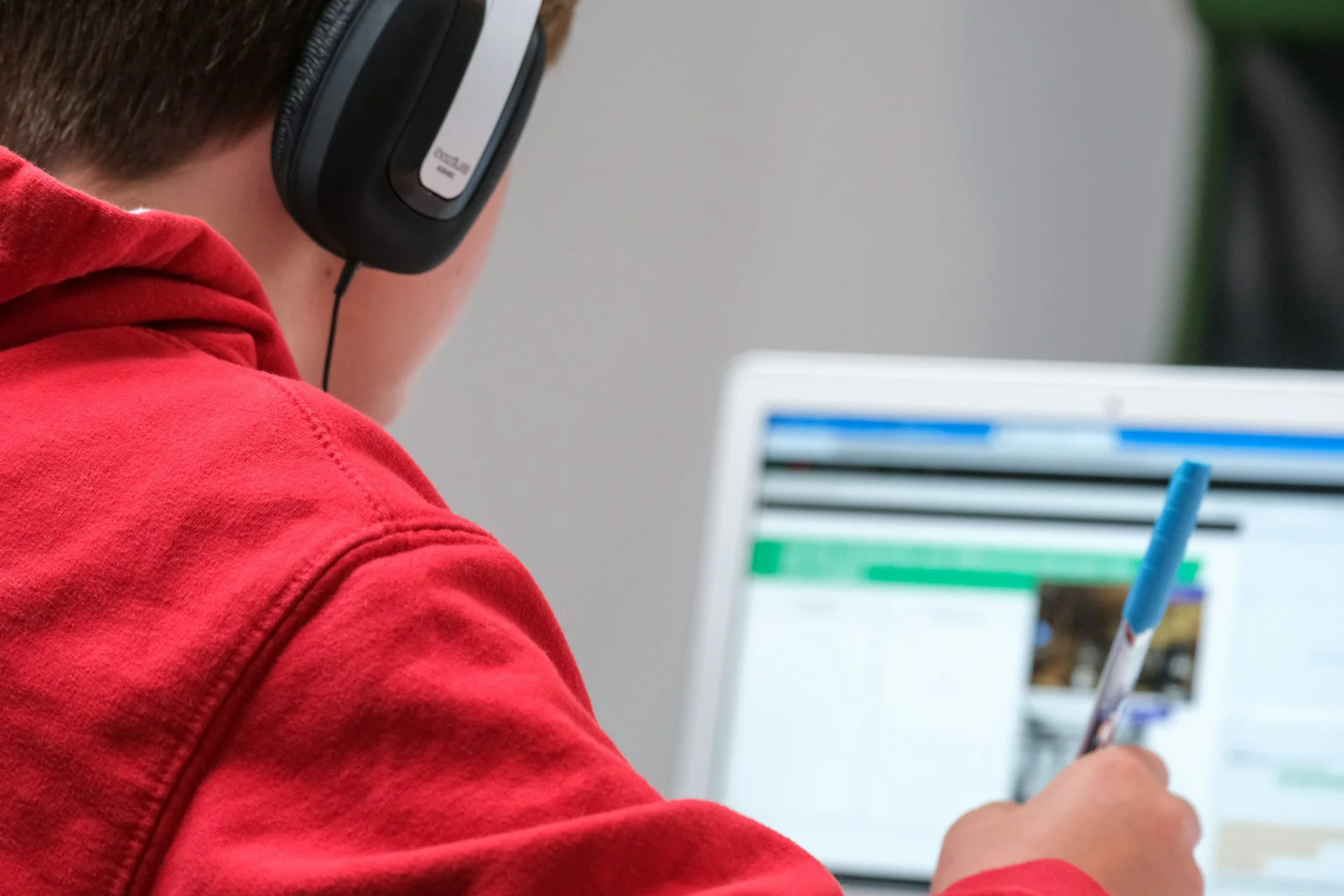 photo - rear view of a boy looking at the computer while homeschooling for a levels